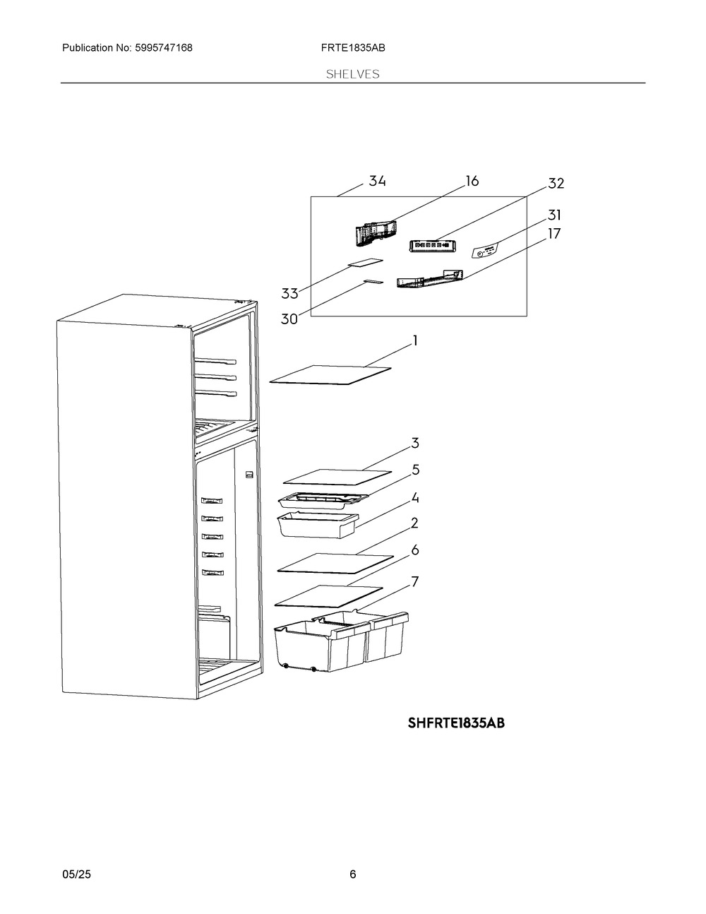 Shelves Diagram and Parts List for  Frigidaire Refrigerator