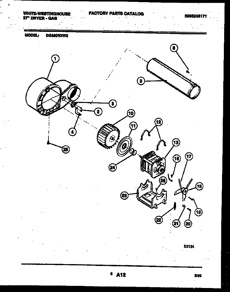 BLOWER AND DRIVE PARTS Diagram and Parts List for  Frigidaire Dryer