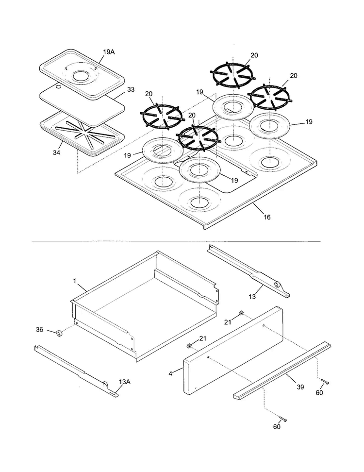 Top/drawer Diagram and Parts List for  Tappan Range