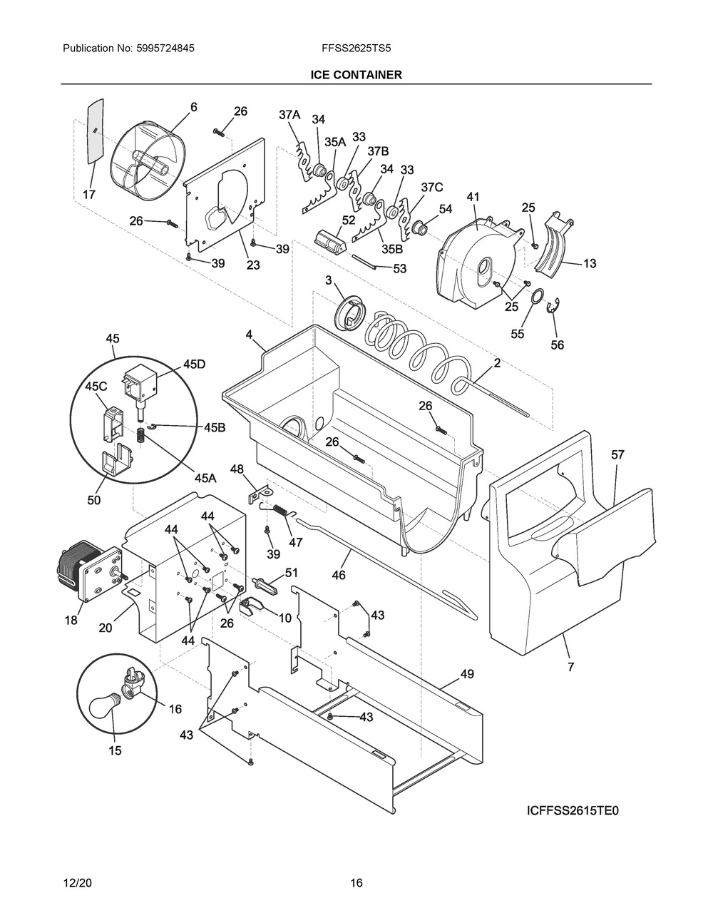 Ice Container Diagram and Parts List for  Frigidaire Refrigerator