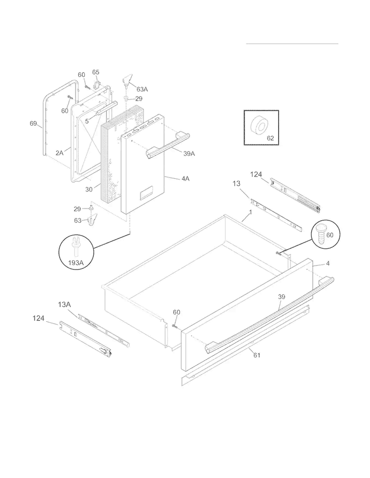 Small Door/drawer Diagram and Parts List for  Frigidaire Range