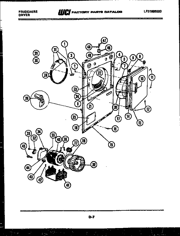 CABINET FRONT, MOTOR AND BLOWER Diagram and Parts List for  Frigidaire Dryer