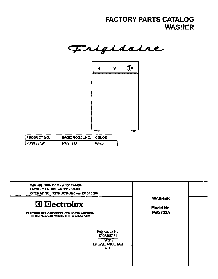COVER Diagram and Parts List for  Frigidaire Washer