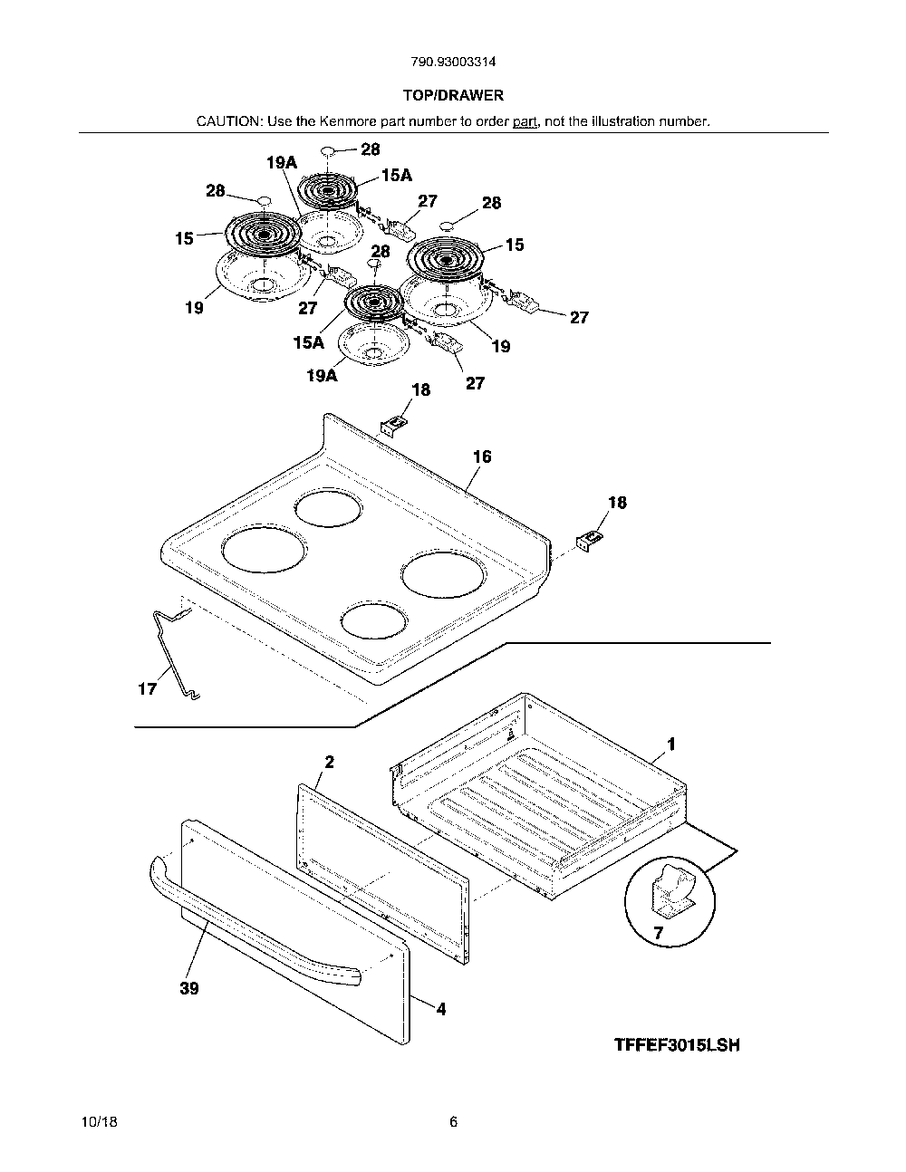 Top/drawer Diagram and Parts List for 79093003314  Kenmore Range
