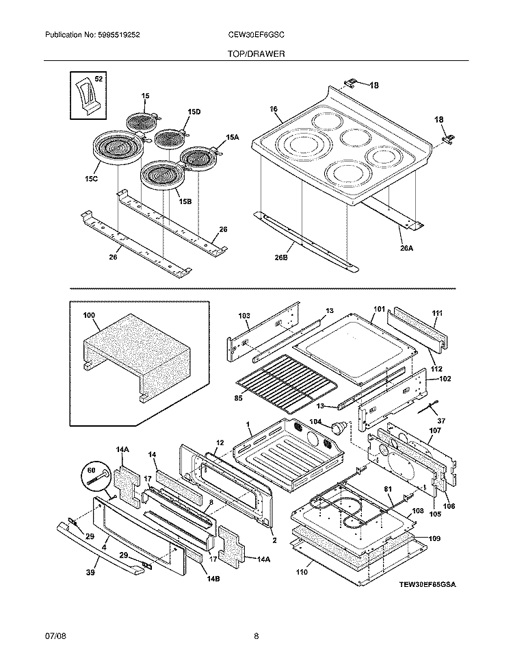TOP/DRAWER Diagram and Parts List for  Electrolux Range