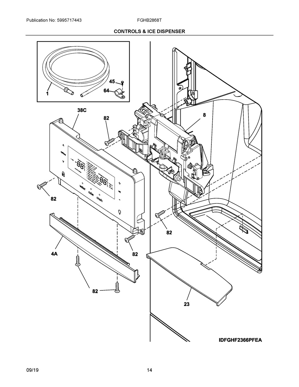 Controls & Ice Dispenser Diagram and Parts List for  Frigidaire Refrigerator