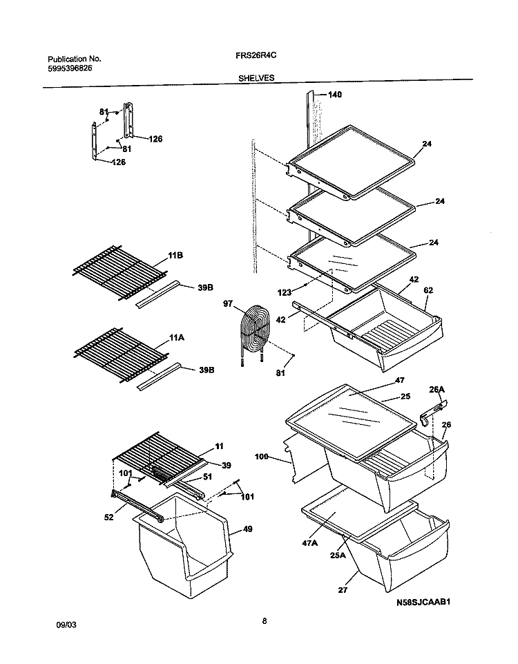 SHELVES Diagram and Parts List for FRS26R4CB1  Frigidaire Refrigerator