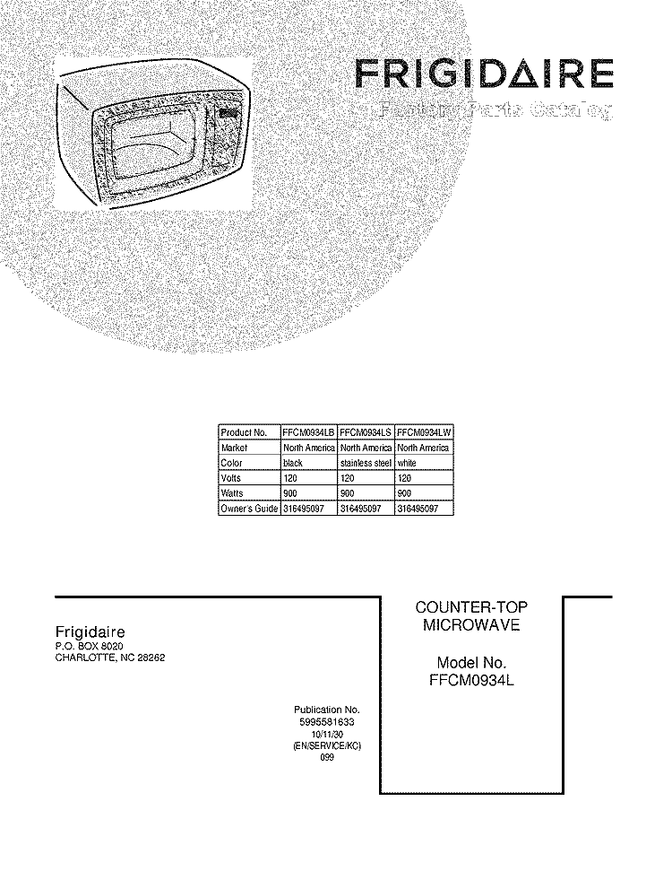 COVER Diagram and Parts List for FFCM0934LB  Frigidaire Microwave