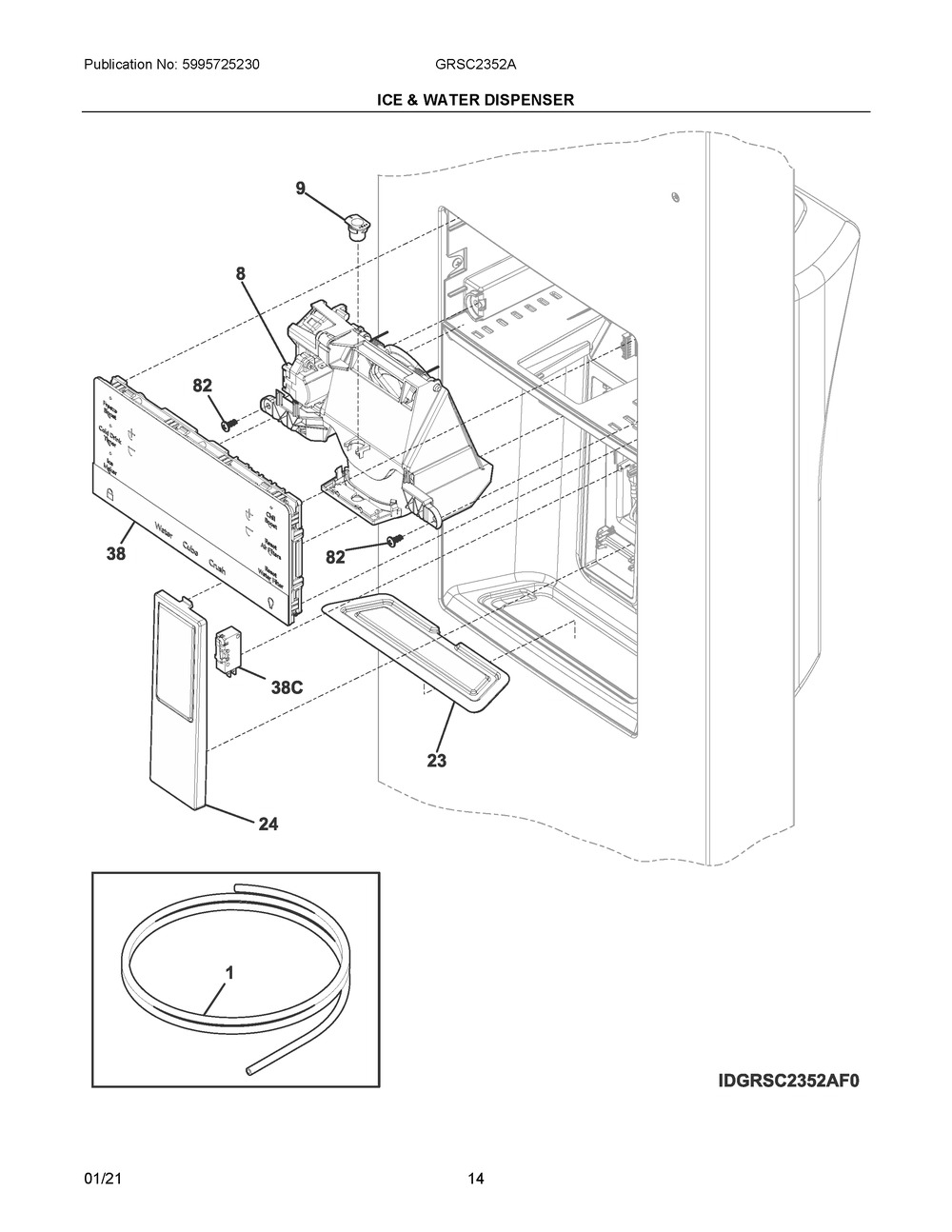 Ice And Water Dispenser Diagram and Parts List for  Frigidaire Refrigerator