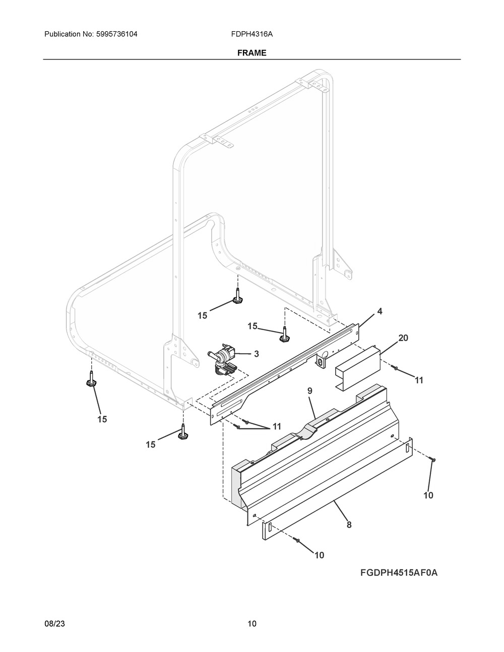 Frame Diagram and Parts List for  Frigidaire Dishwasher