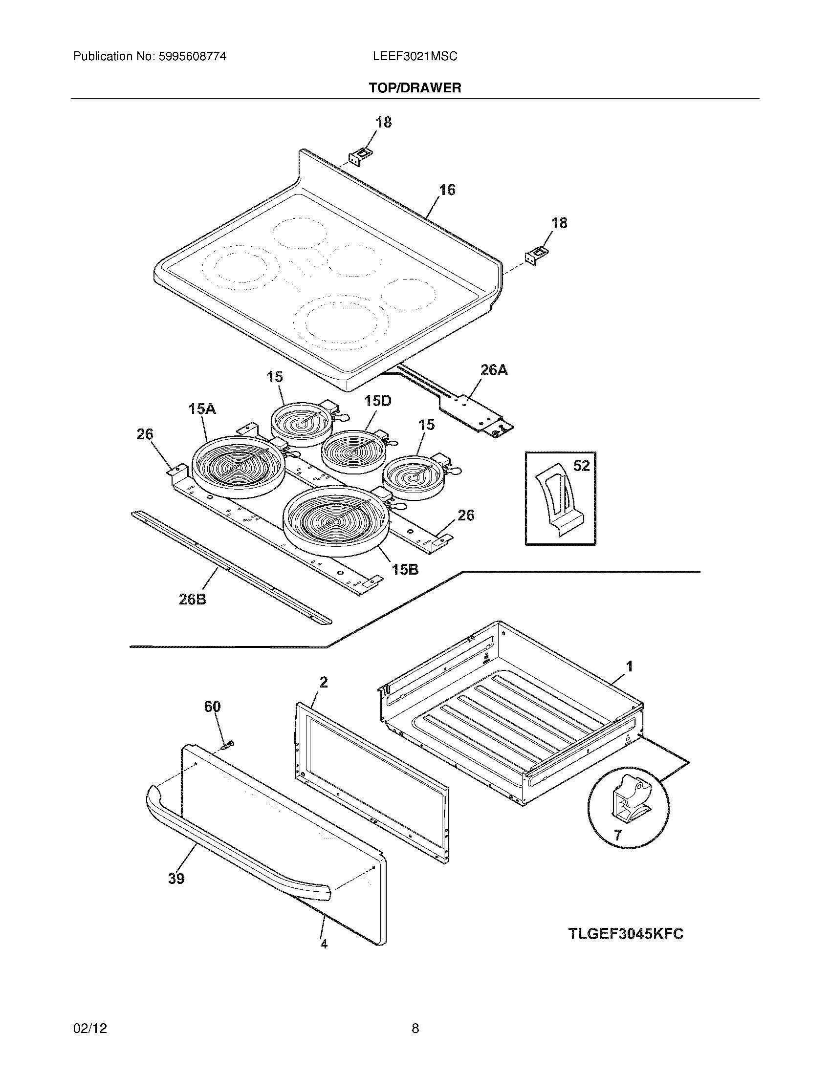 07 - TOP/DRAWER Diagram and Parts List for  Frigidaire Range