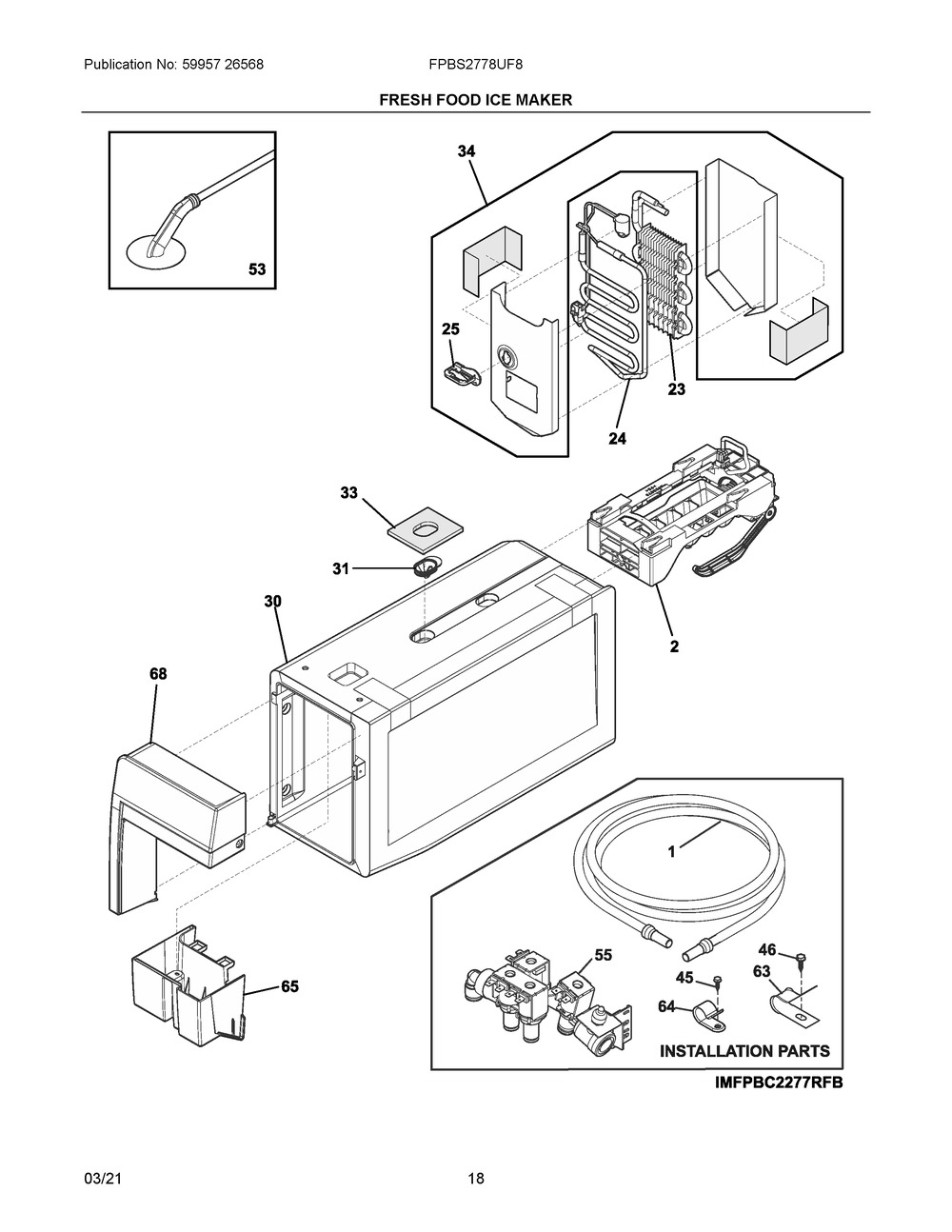 Fresh Food Ice Maker Diagram and Parts List for  Frigidaire Refrigerator