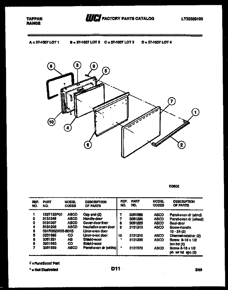 DOOR PARTS Diagram and Parts List for  Tappan Range
