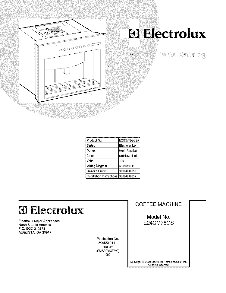 COVER Diagram and Parts List for  Electrolux Coffee Maker