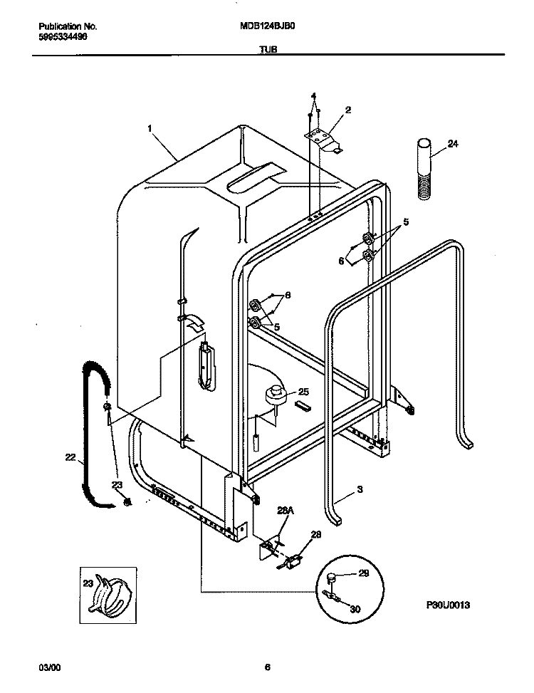 TUB Diagram and Parts List for  Frigidaire Dishwasher