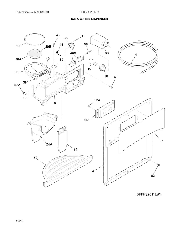 Ice & Water Dispenser Diagram and Parts List for  Frigidaire Refrigerator
