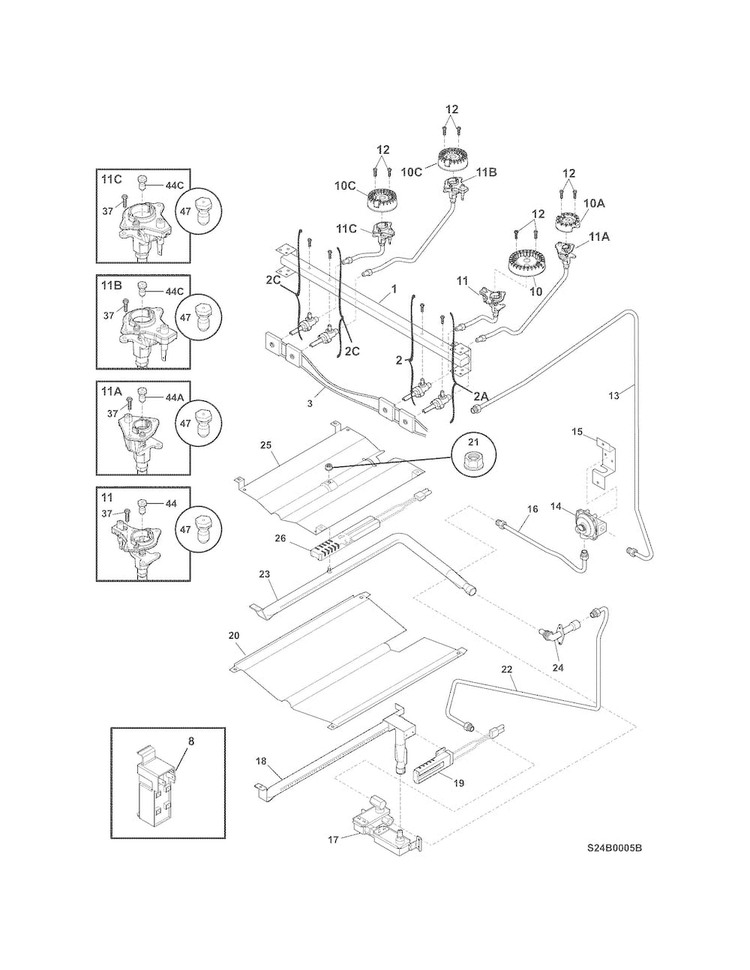 Burner Diagram and Parts List for  Frigidaire Range