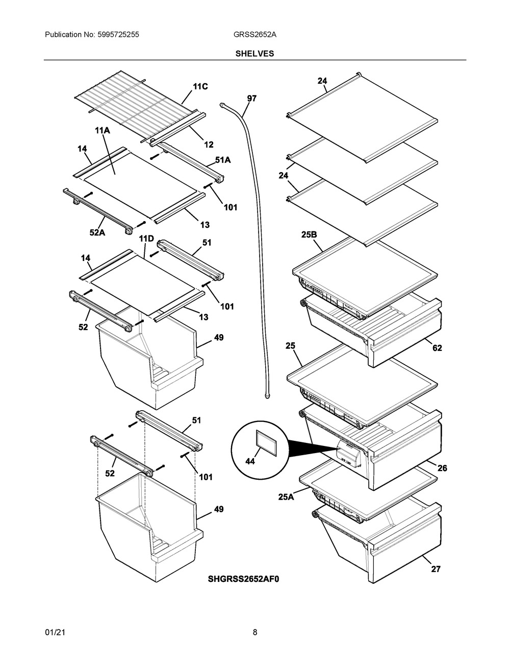 Shelves Diagram and Parts List for  Frigidaire Refrigerator