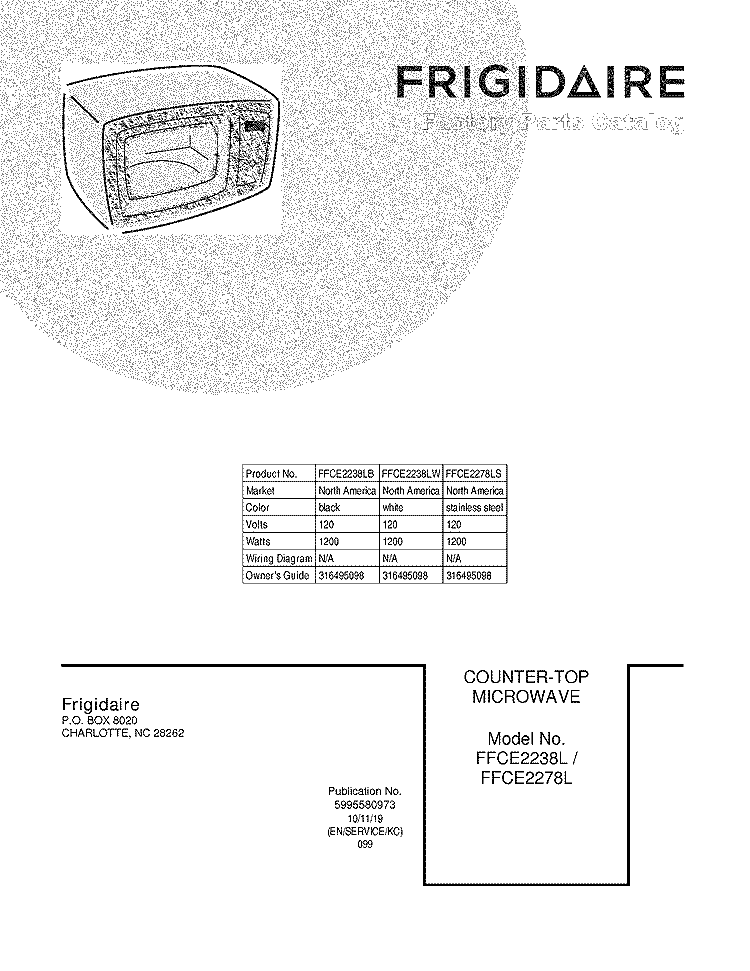 COVER Diagram and Parts List for FFCE2238LW  Frigidaire Microwave