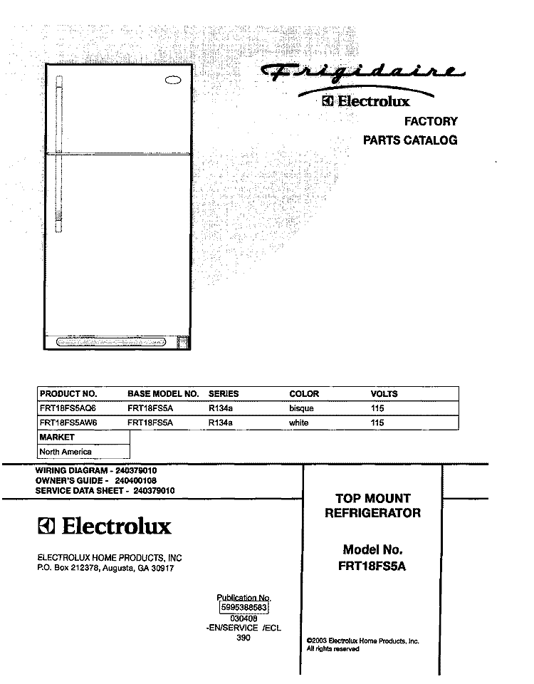 COVER Diagram and Parts List for FRT18FS5AQ6  Frigidaire Refrigerator