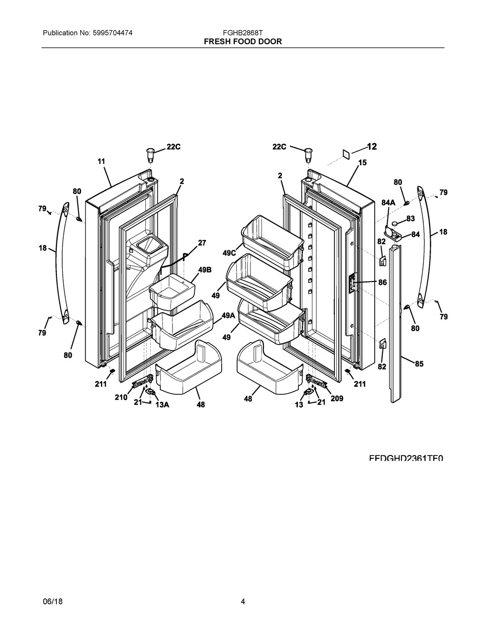 Fresh Food Door Diagram and Parts List for  Frigidaire Refrigerator