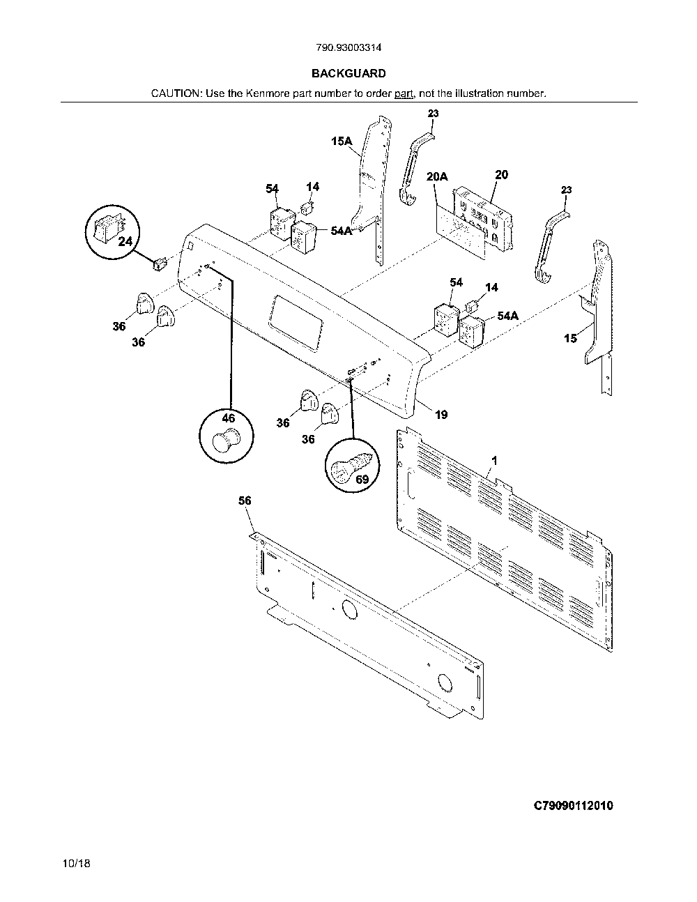 Backguard Diagram and Parts List for 79093003314  Kenmore Range
