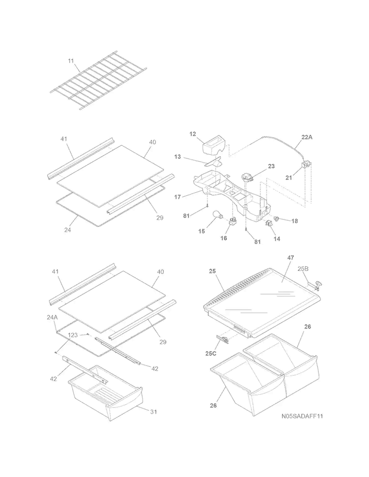 Shelves Diagram and Parts List for  Frigidaire Refrigerator