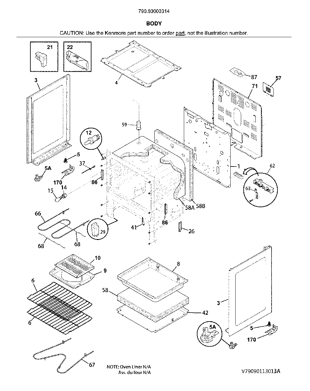 Body Diagram and Parts List for 79093003314  Kenmore Range
