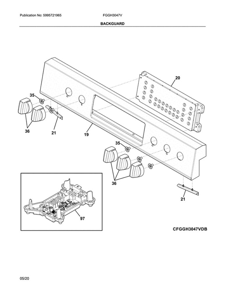 Backguard Diagram and Parts List for  Frigidaire Range