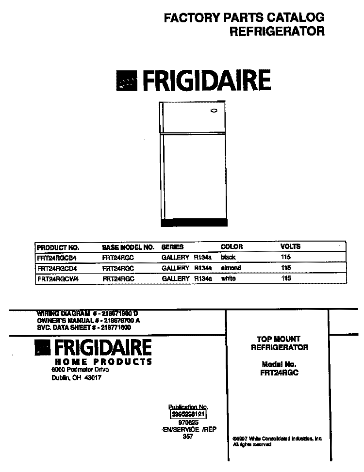 COVER Diagram and Parts List for  Frigidaire Refrigerator