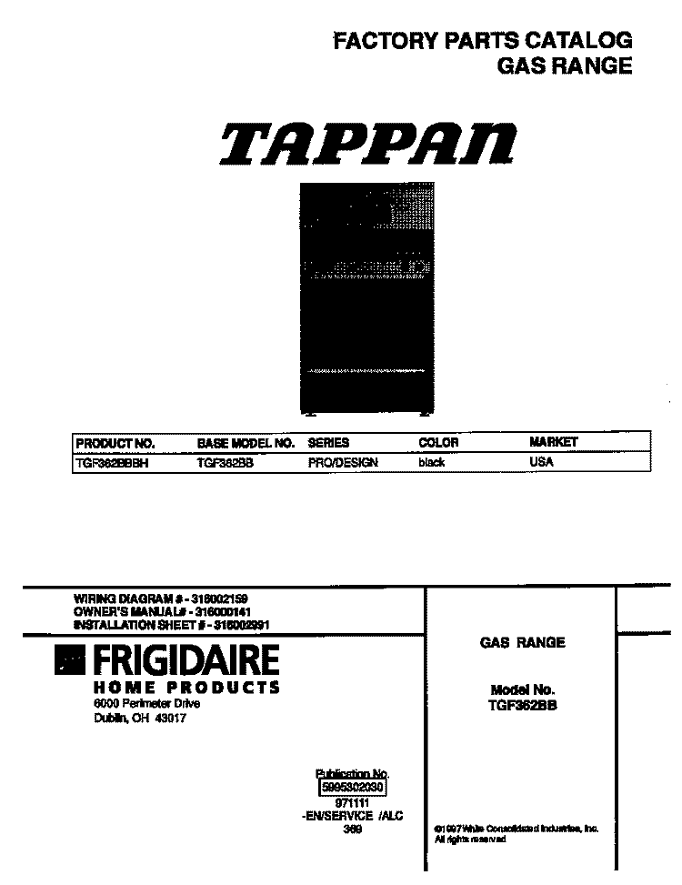 COVER Diagram and Parts List for  Tappan Range