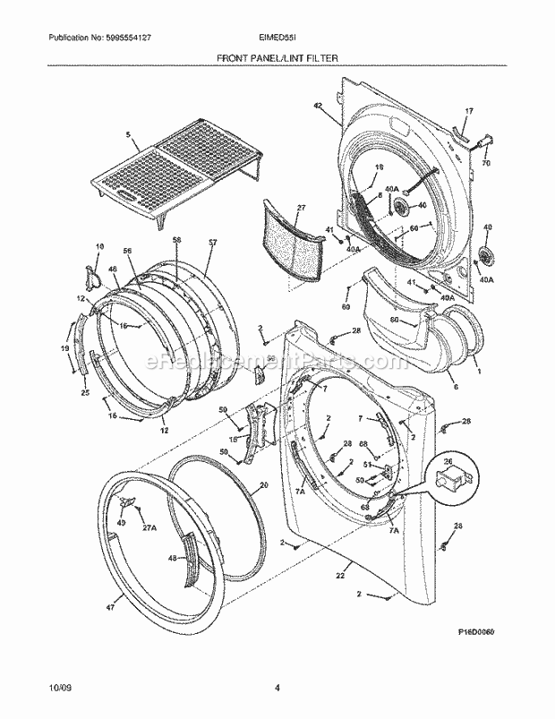 FRONT PANEL/LINT FILTER Diagram and Parts List for  Electrolux