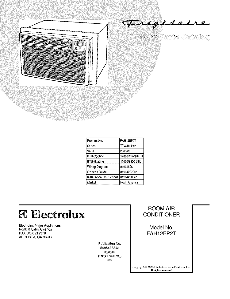 COVER Diagram and Parts List for  Frigidaire Air Conditioner