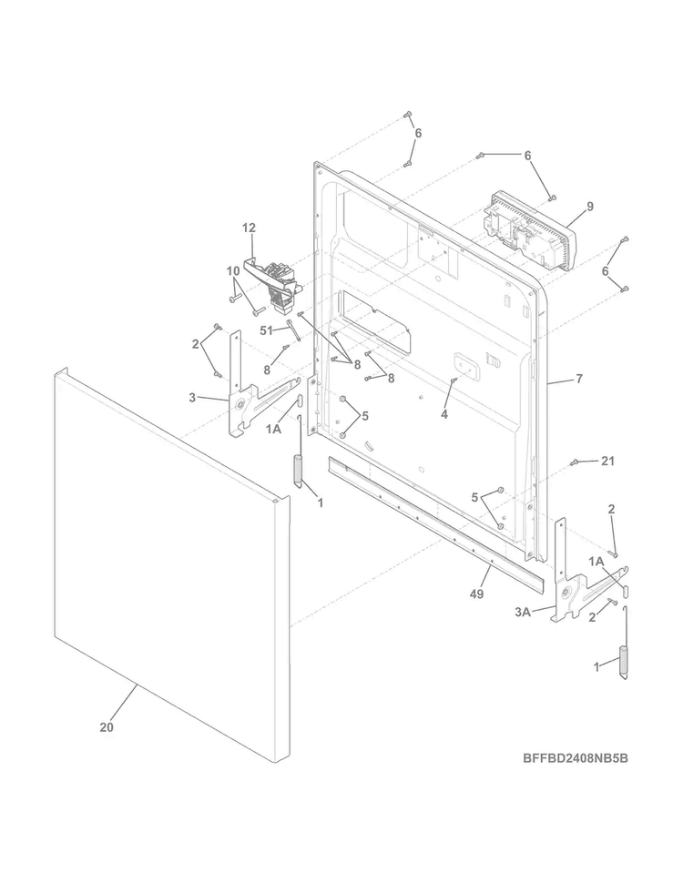 Door Diagram and Parts List for  Frigidaire Dishwasher