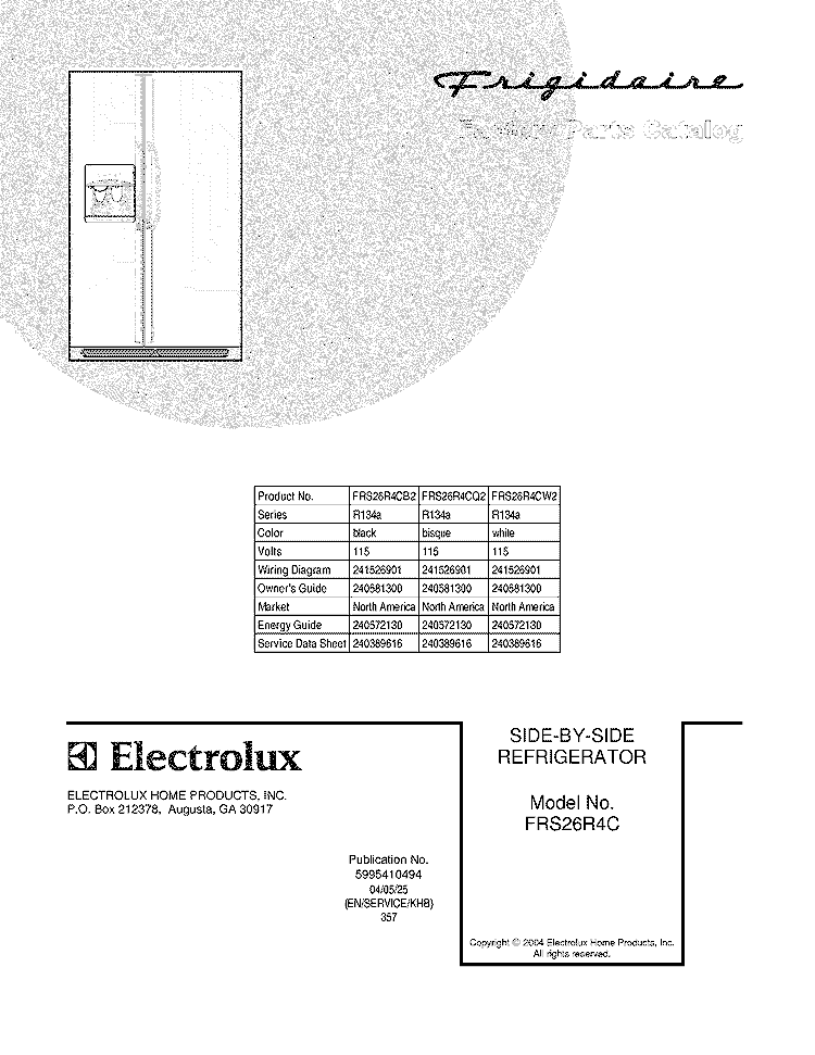COVER Diagram and Parts List for FRS26R4CB2  Frigidaire Refrigerator