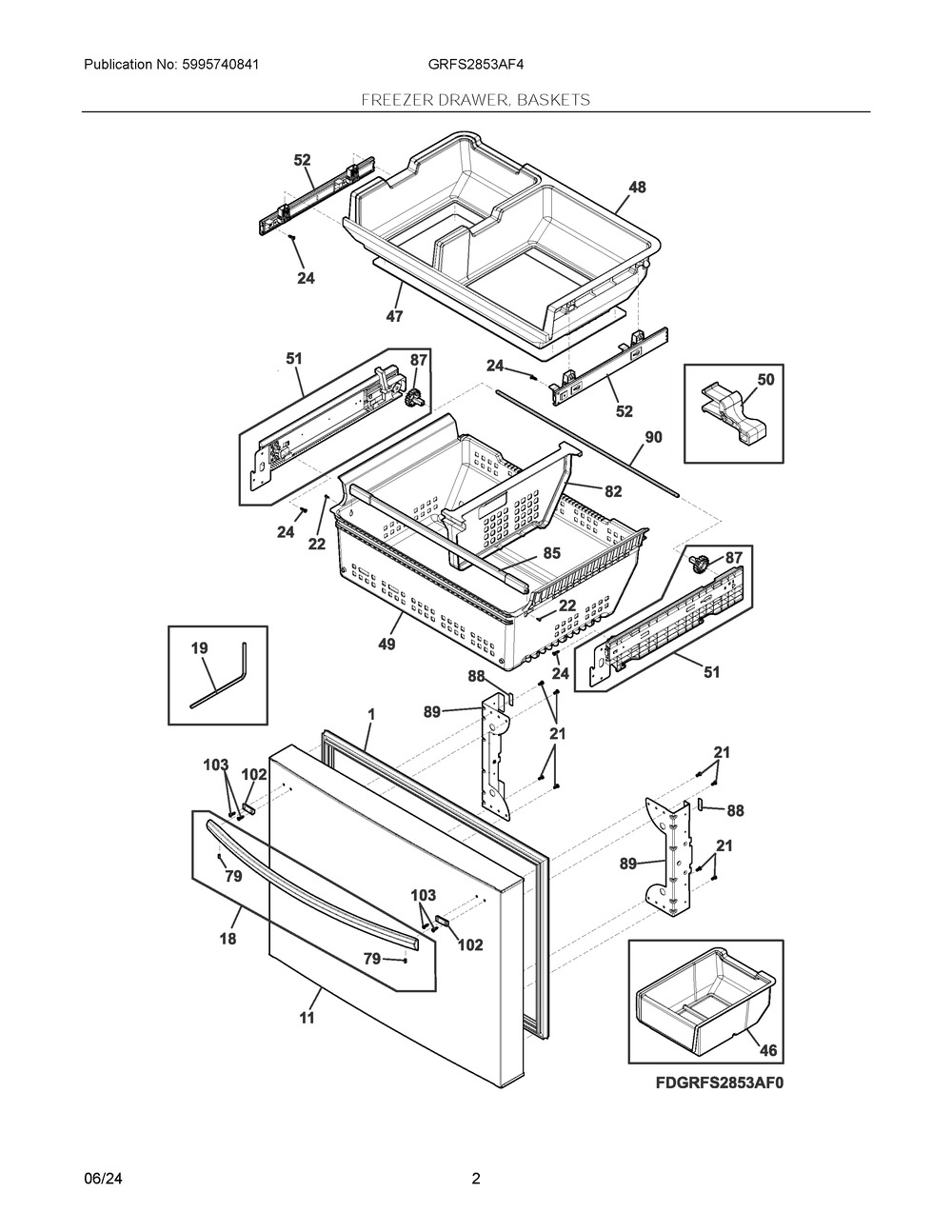 Freezer Drawer, Baskets Diagram and Parts List for  Frigidaire Refrigerator