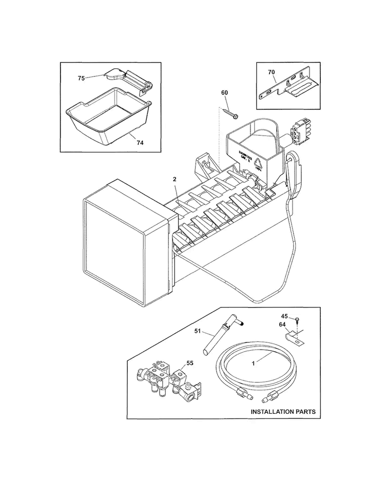 Freezer Ice Maker Diagram and Parts List for  Frigidaire Refrigerator
