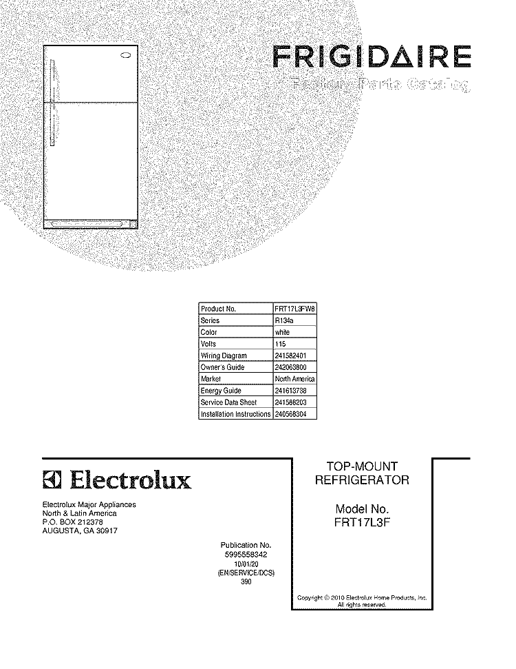COVER Diagram and Parts List for FRT17L3FW8  Frigidaire Refrigerator