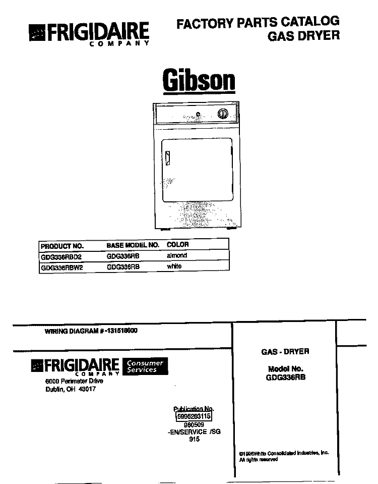 COVER Diagram and Parts List for GDG336RBW2  Gibson Dryer