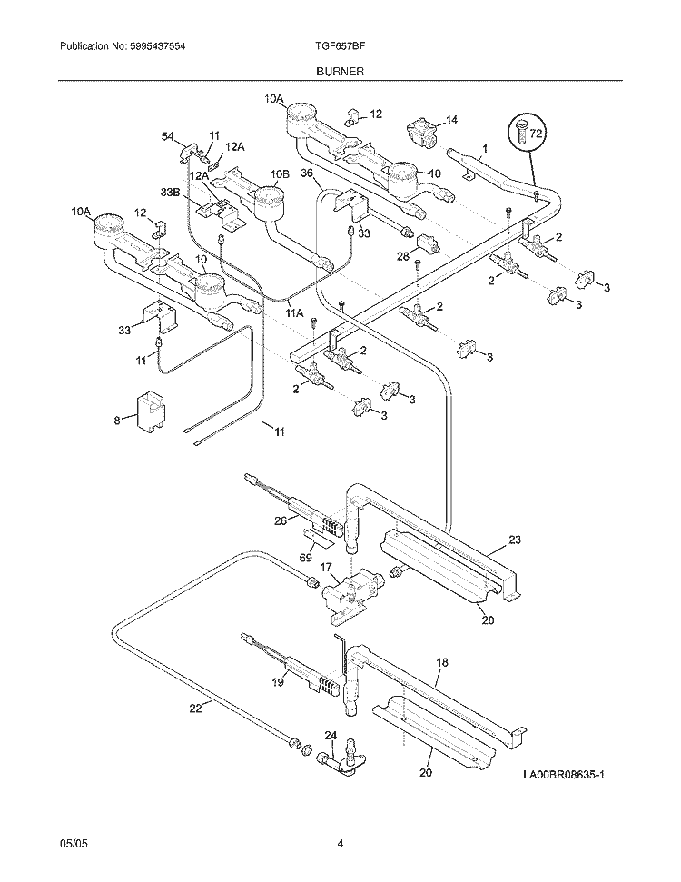 BURNER Diagram and Parts List for  Tappan Range