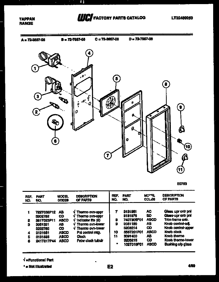 CONTROL PANEL Diagram and Parts List for  Tappan Range
