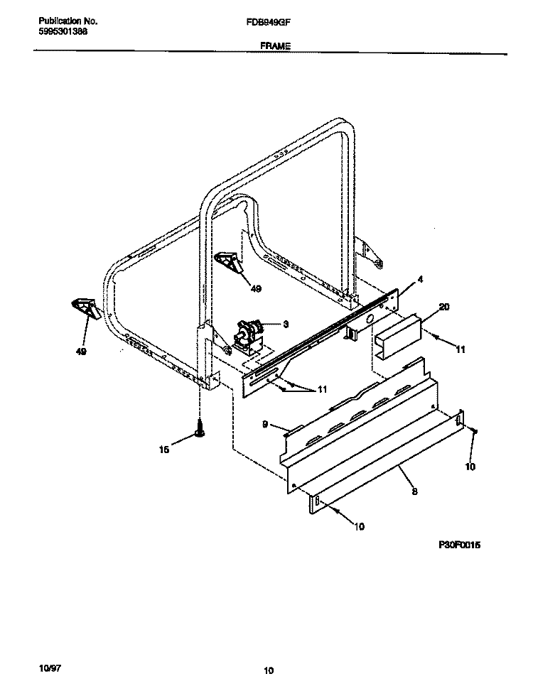 FRAME Diagram and Parts List for  Frigidaire Dishwasher