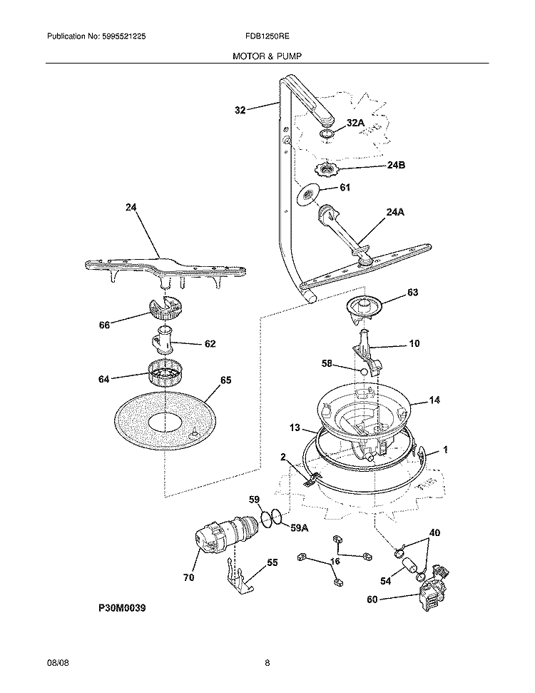 MOTOR & PUMP Diagram and Parts List for  Frigidaire Dishwasher