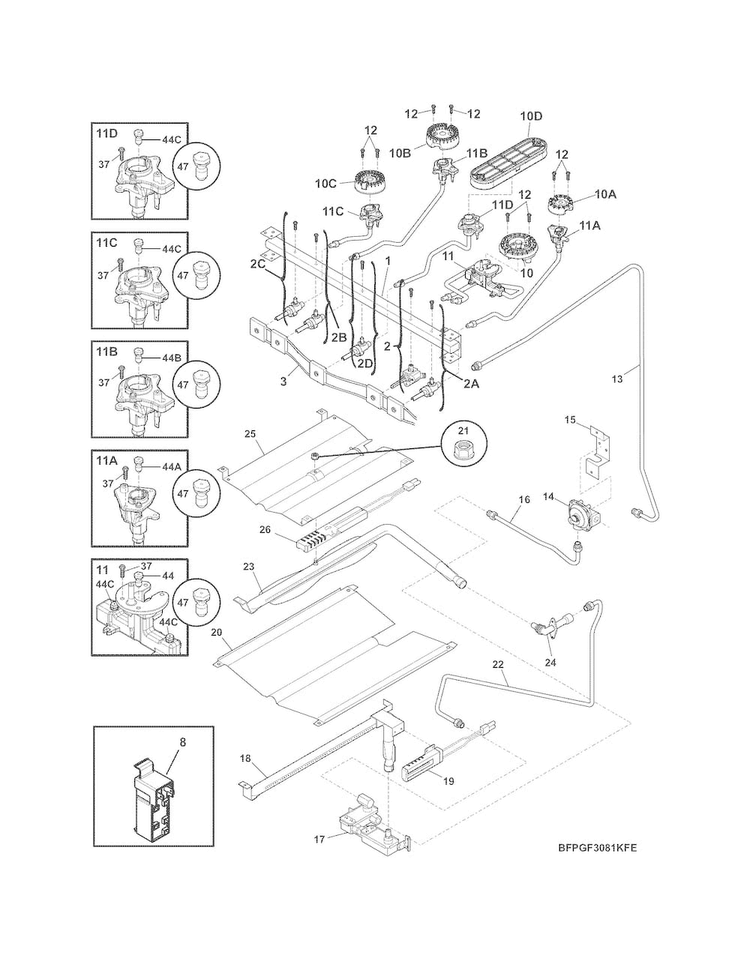 Burner Diagram and Parts List for  Frigidaire Range