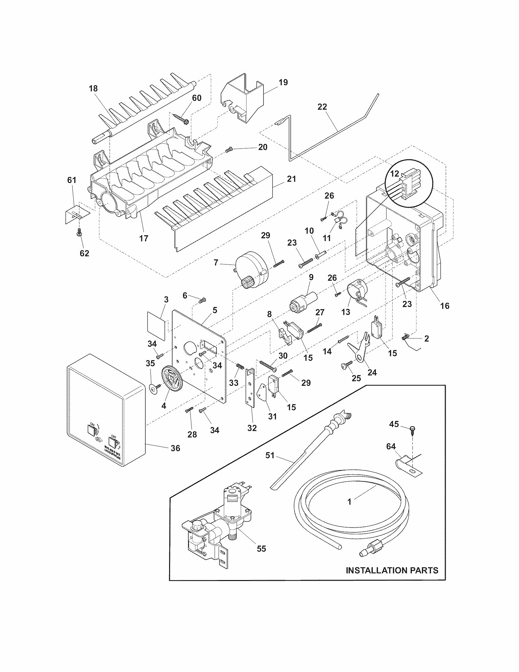 Ice Maker Diagram and Parts List for  Frigidaire Refrigerator