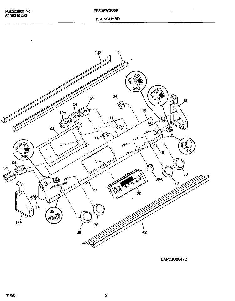 BACKGUARD Diagram and Parts List for  Frigidaire Wall Oven