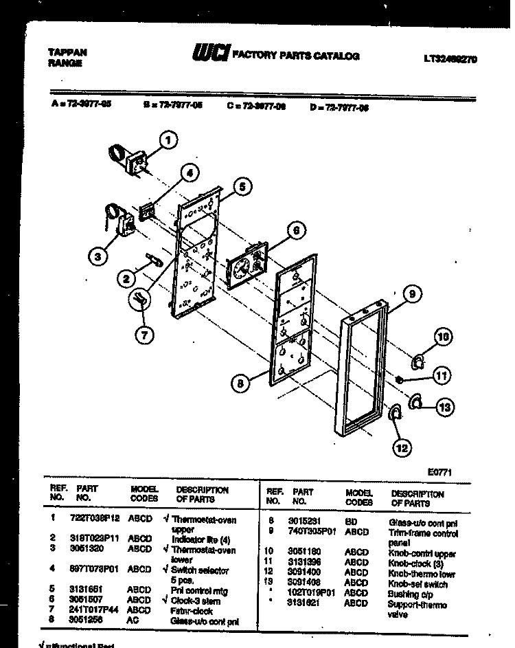 CONTROL PANEL Diagram and Parts List for  Tappan Range
