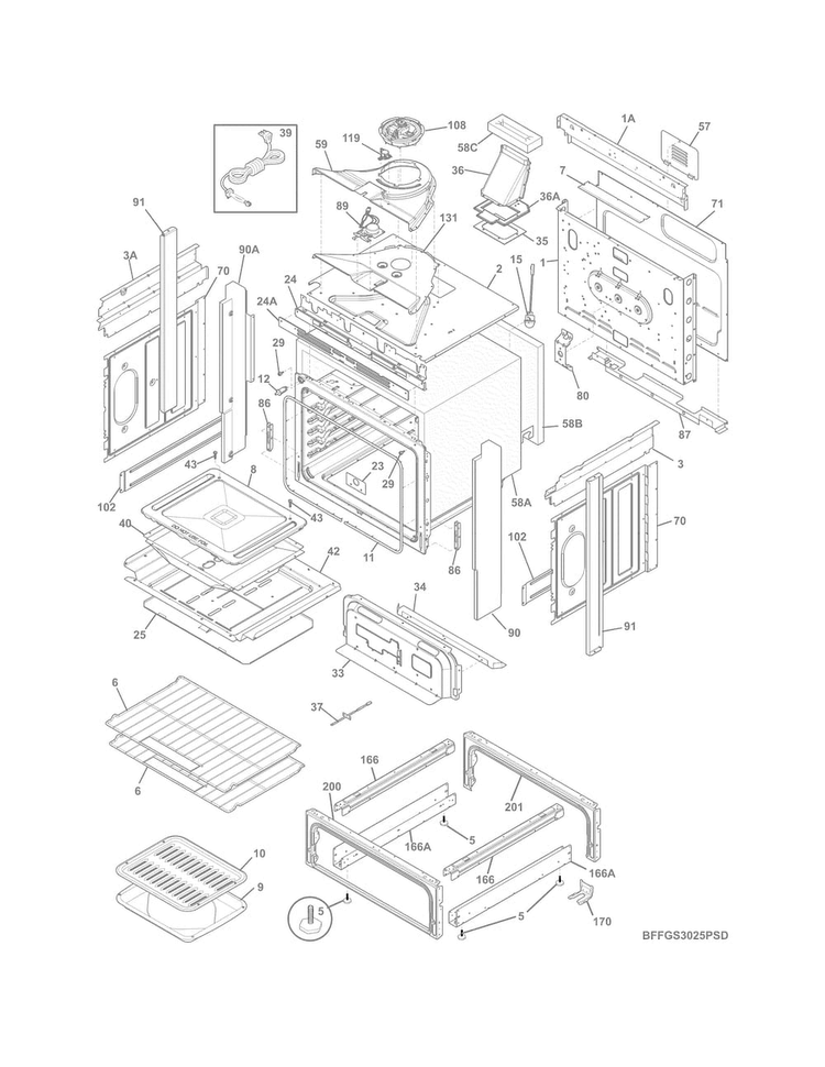 Body Diagram and Parts List for  Frigidaire Range