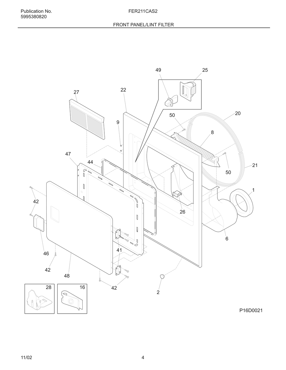 Front Panel/Lint Filter Diagram and Parts List for  Frigidaire Dryer