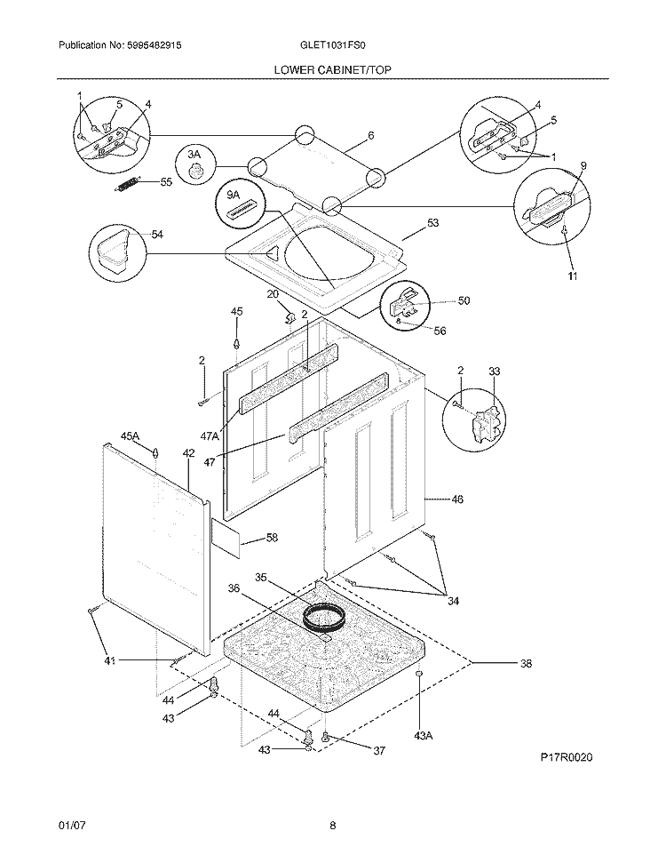 LOWER CABINET / TOP Diagram and Parts List for  Frigidaire Washer Dryer Combo